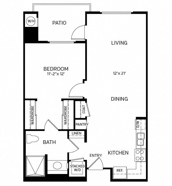 Floor plan for 1 bed, 1 bath, 736 sqft